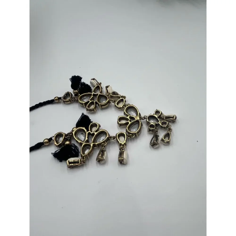 J. Crew Crystal Clear Milky White Gems Black Fringe‎ Adjustable Tie Necklace